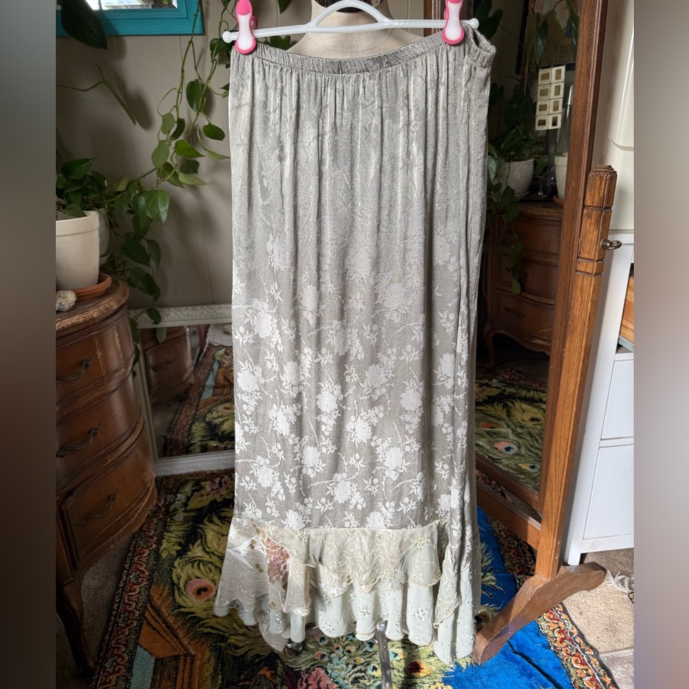 Light Sage Tonal Floral Satin Maxi Skirt with Embroidered Layered Ruffle,plus 3X - Picture 3 of 11